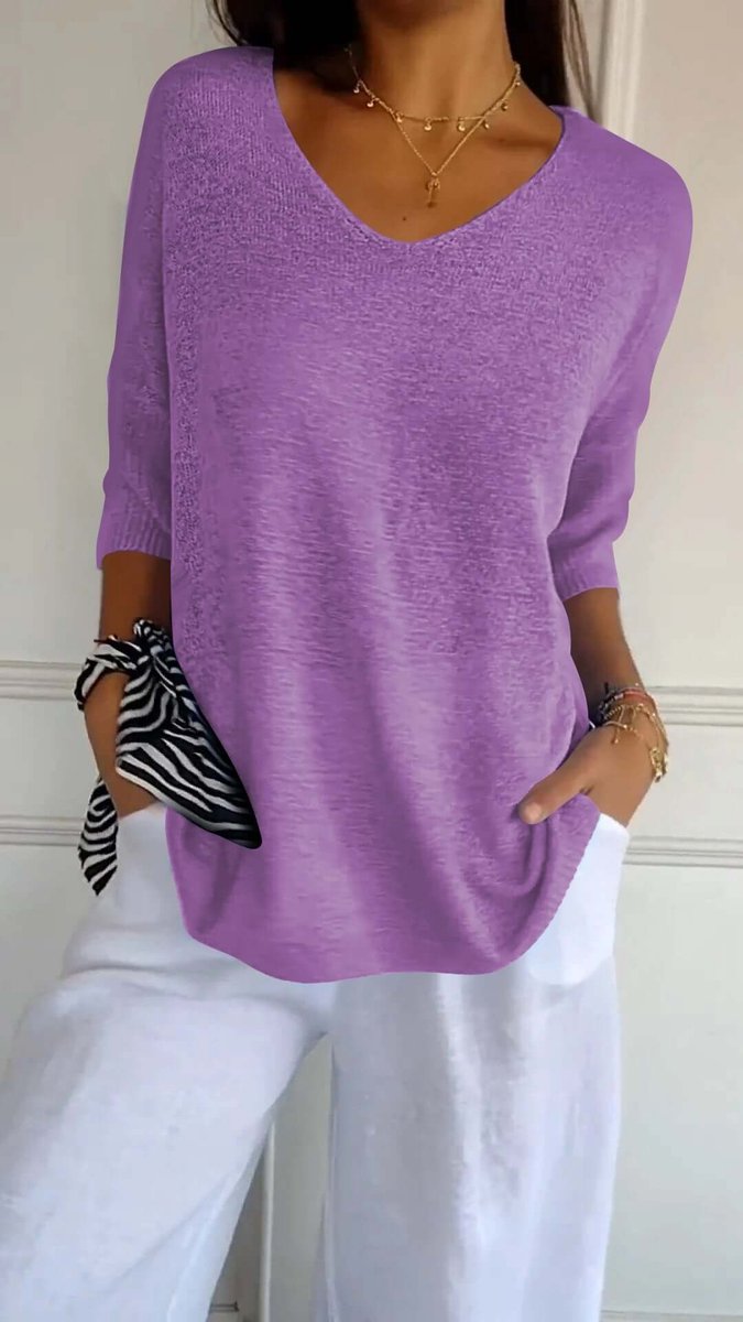 Women's Loose V-Neck Knitted Long Sleeve Top