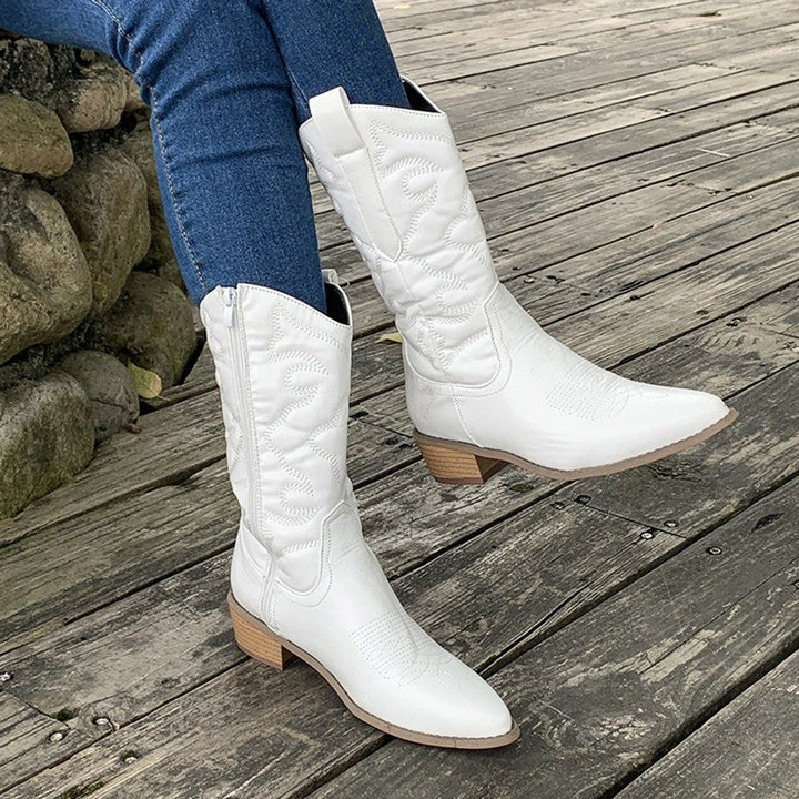 Women's Metallic Knee-High Heeled Cowboy Western Boots - White