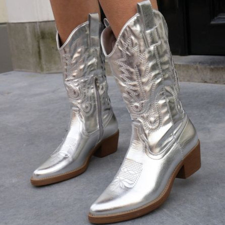 Women's Metallic Knee-High Heeled Cowboy Western Boots - Silver