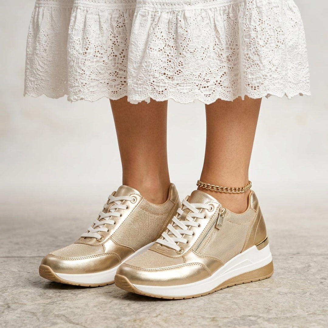Women's Metallic Lace-Up Wedge Platform Trainers Side Zip