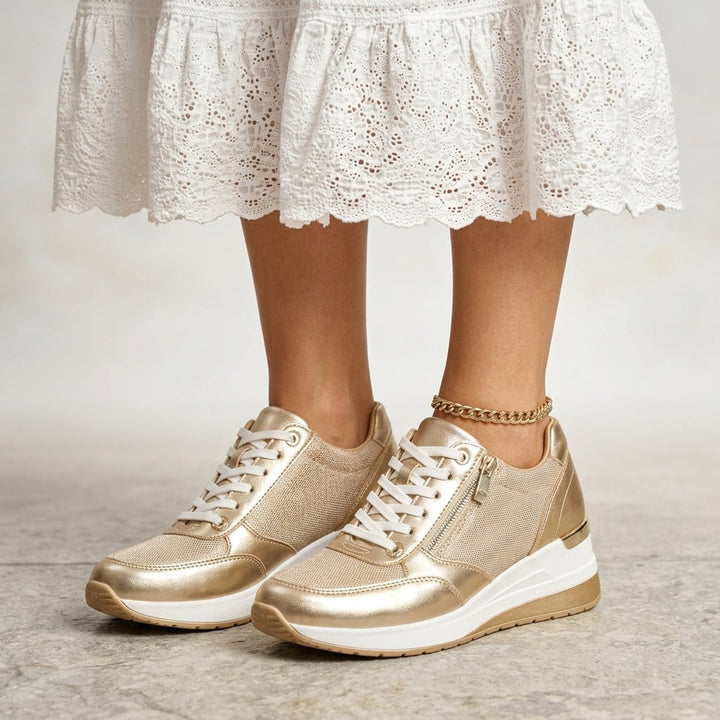 Women's Metallic Lace-Up Wedge Platform Trainers Side Zip