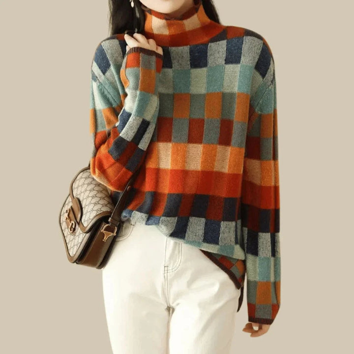 Women's Multicolour Patchwork Roll Neck Knitted Jumper
