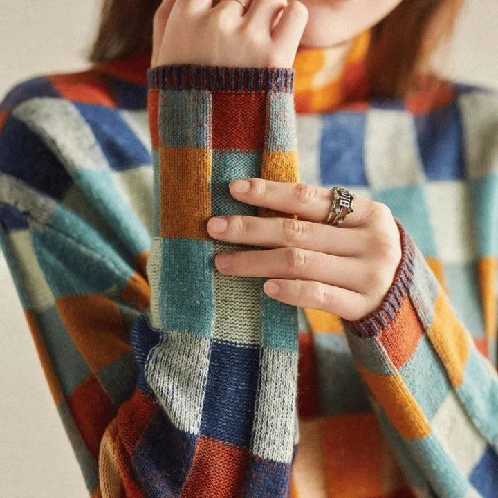 Women's Multicolour Patchwork Roll Neck Knitted Jumper