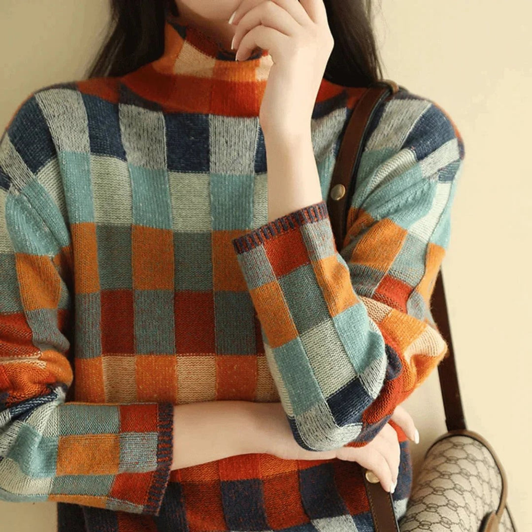 Women's Multicolour Patchwork Roll Neck Knitted Jumper