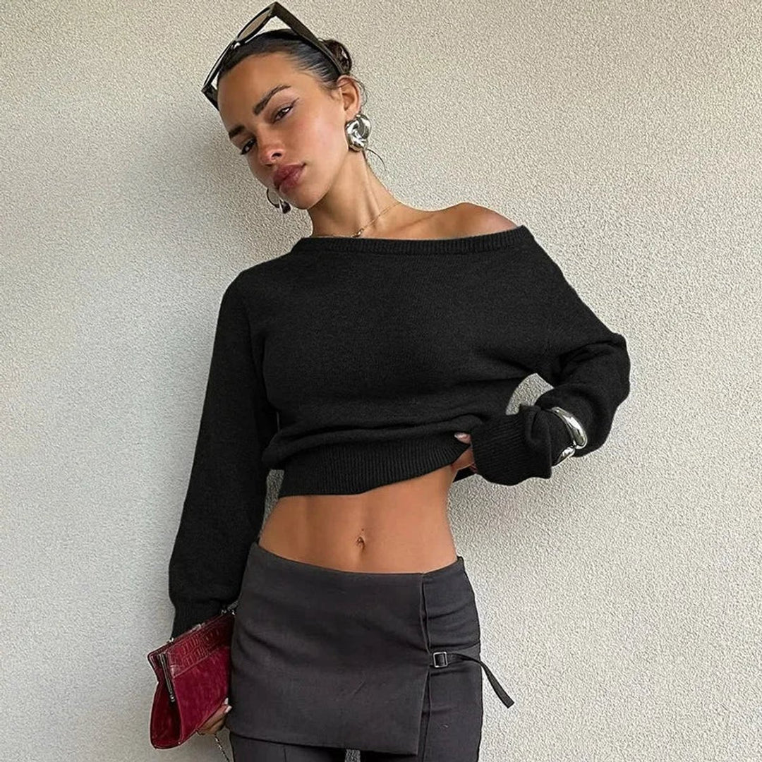 Women's Off-Shoulder Cropped Knitted Jumper