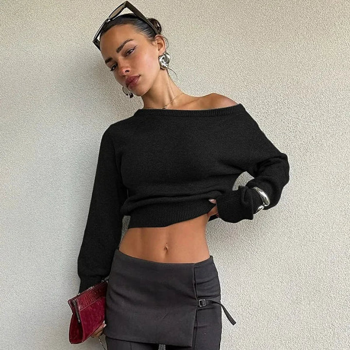 Women's Off-Shoulder Cropped Knitted Jumper