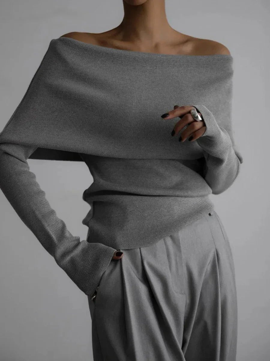 Women's Off-Shoulder Knitted Jumper Boat-Neck Long-Sleeve Top