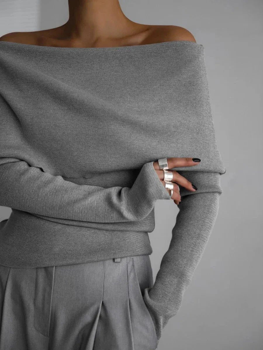 Women's Off-Shoulder Knitted Jumper Boat-Neck Long-Sleeve Top