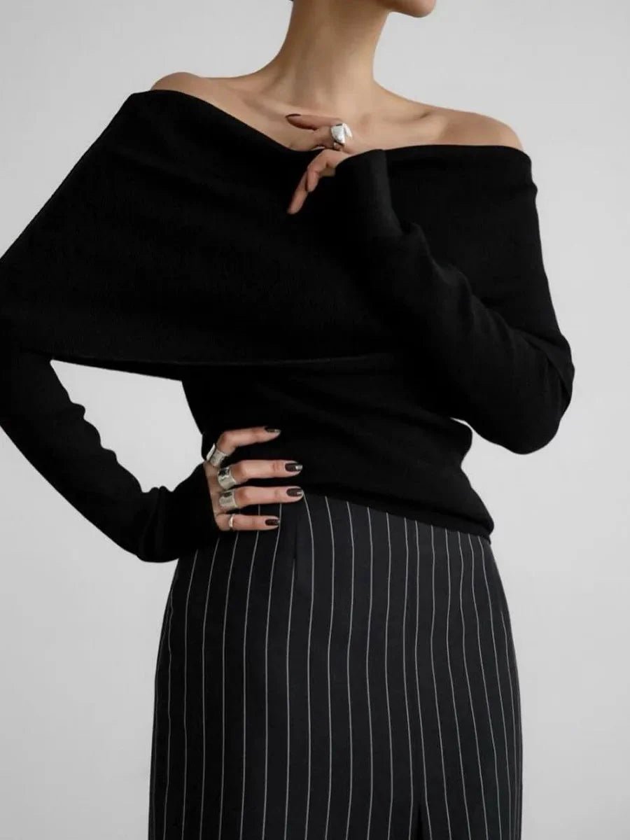 Women's Off-Shoulder Knitted Jumper Boat-Neck Long-Sleeve Top