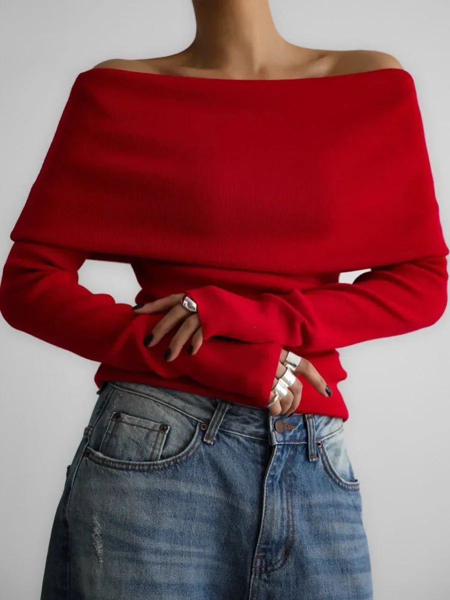 Women's Off-Shoulder Knitted Jumper Boat-Neck Long-Sleeve Top