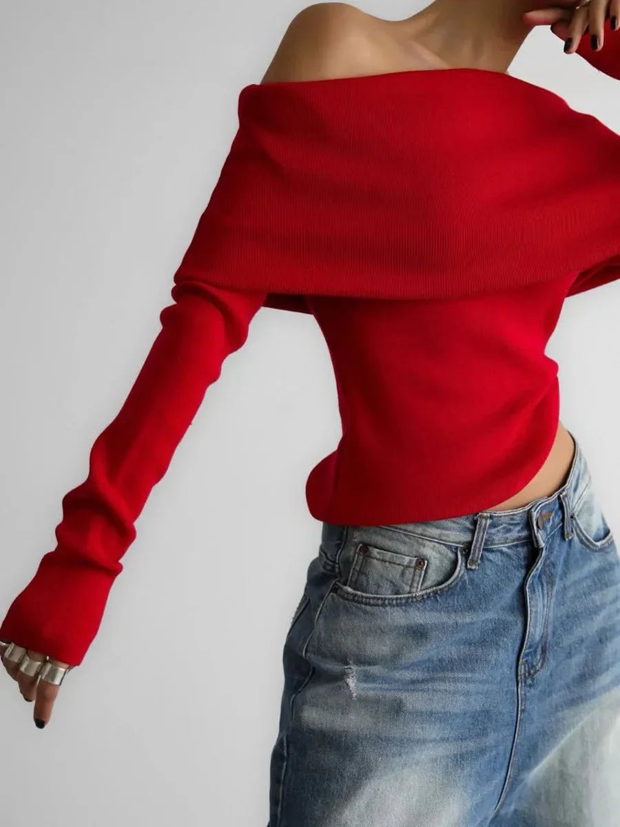 Women's Off-Shoulder Knitted Jumper Boat-Neck Long-Sleeve Top