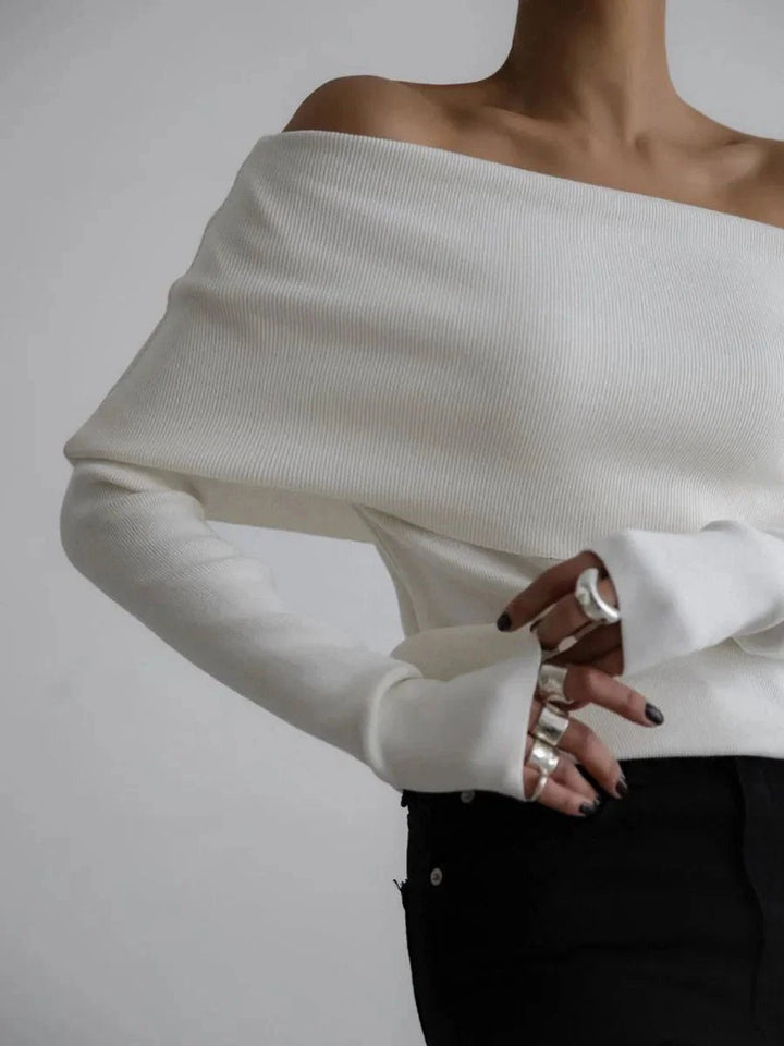 Women's Off-Shoulder Knitted Jumper Boat-Neck Long-Sleeve Top