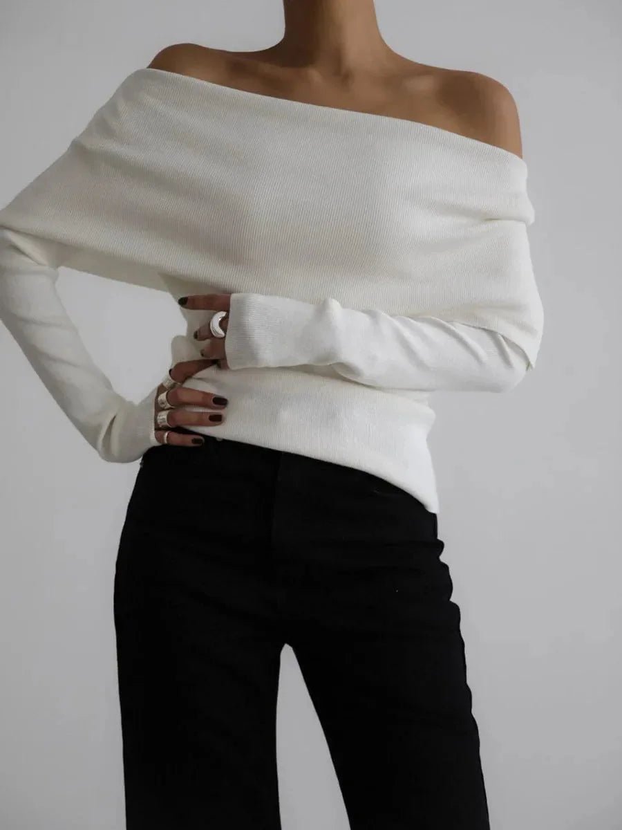 Women's Off-Shoulder Knitted Jumper Boat-Neck Long-Sleeve Top