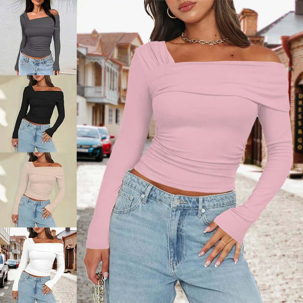 Women's Off-Shoulder Long-Sleeve Crop Top Asymmetric Ruched Knit Blouse