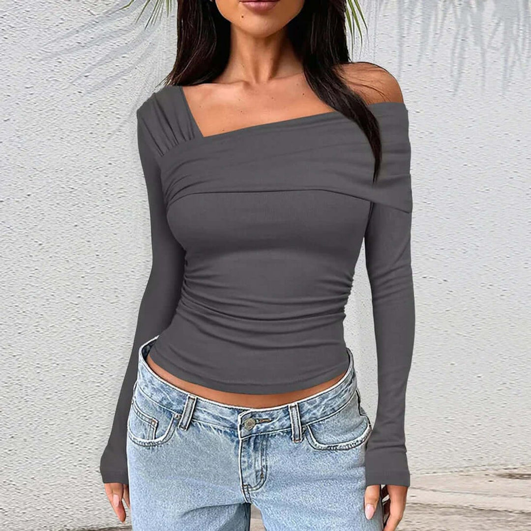 Women's Off-Shoulder Long-Sleeve Crop Top Asymmetric Ruched Knit Blouse
