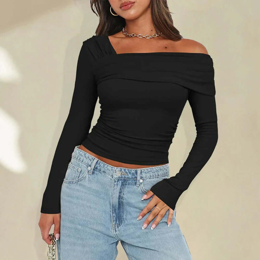 Women's Off-Shoulder Long-Sleeve Crop Top Asymmetric Ruched Knit Blouse