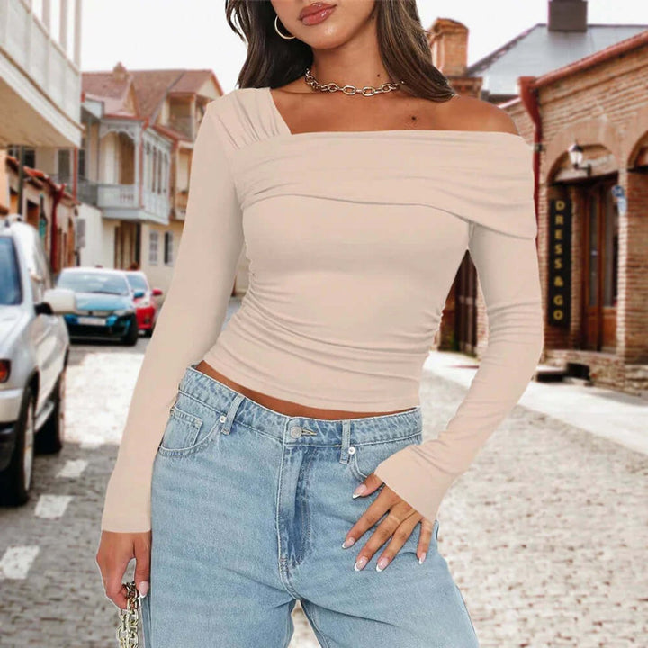 Women's Off-Shoulder Long-Sleeve Crop Top Asymmetric Ruched Knit Blouse