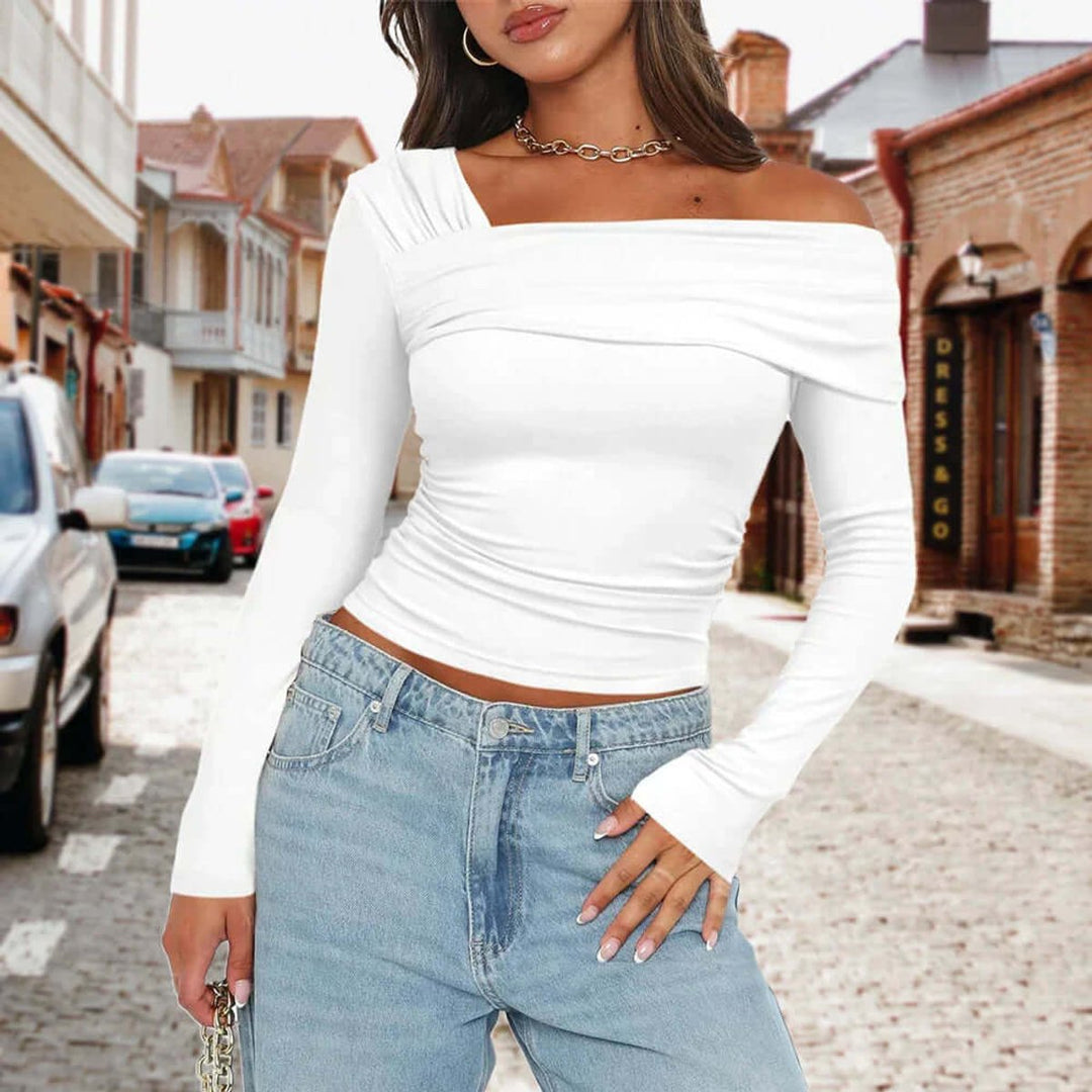 Women's Off-Shoulder Long-Sleeve Crop Top Asymmetric Ruched Knit Blouse