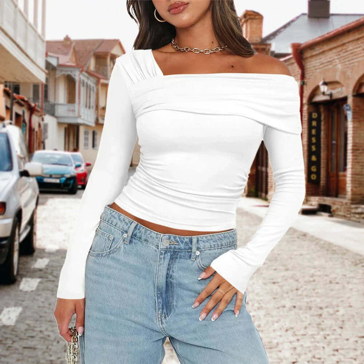 Women's Off-Shoulder Long-Sleeve Crop Top Asymmetric Ruched Knit Blouse