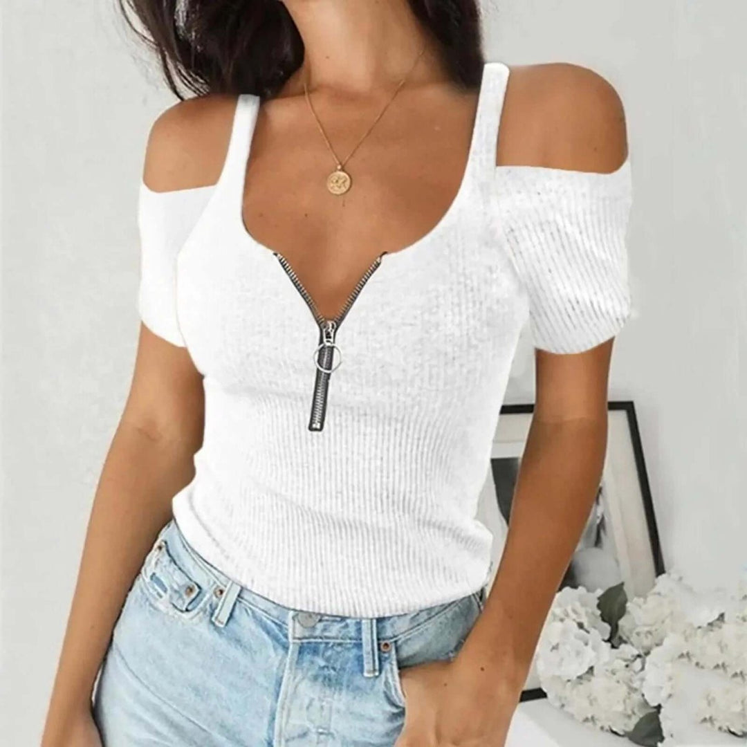 Women's Off-Shoulder Ribbed Knit Zip-Front Blouse Top