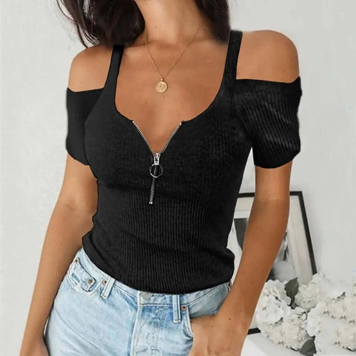 Women's Off-Shoulder Ribbed Knit Zip-Front Blouse Top