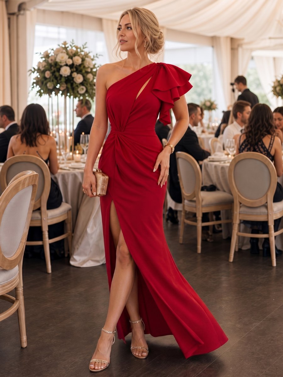 Women's One Shoulder Draped Christmas Party Dress Side Slit