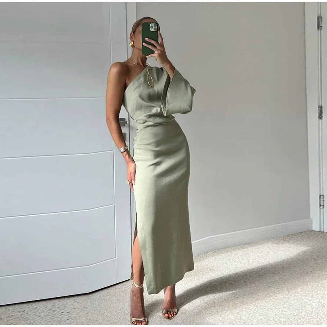 Women's One-Shoulder Slit Midi Everyday Day Dress