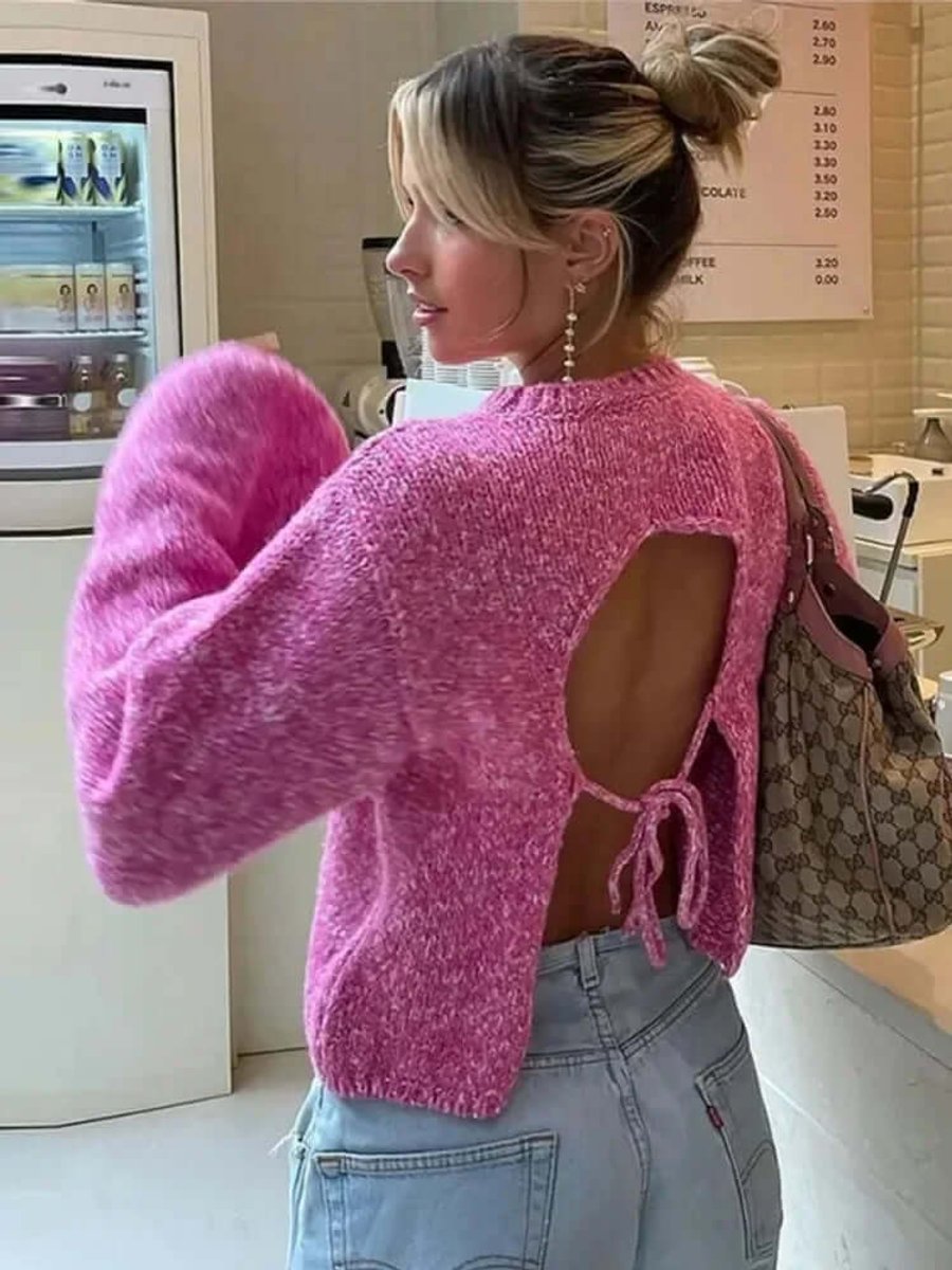 Women's Open-Back Long-Sleeve Knit Crop Jumper Top