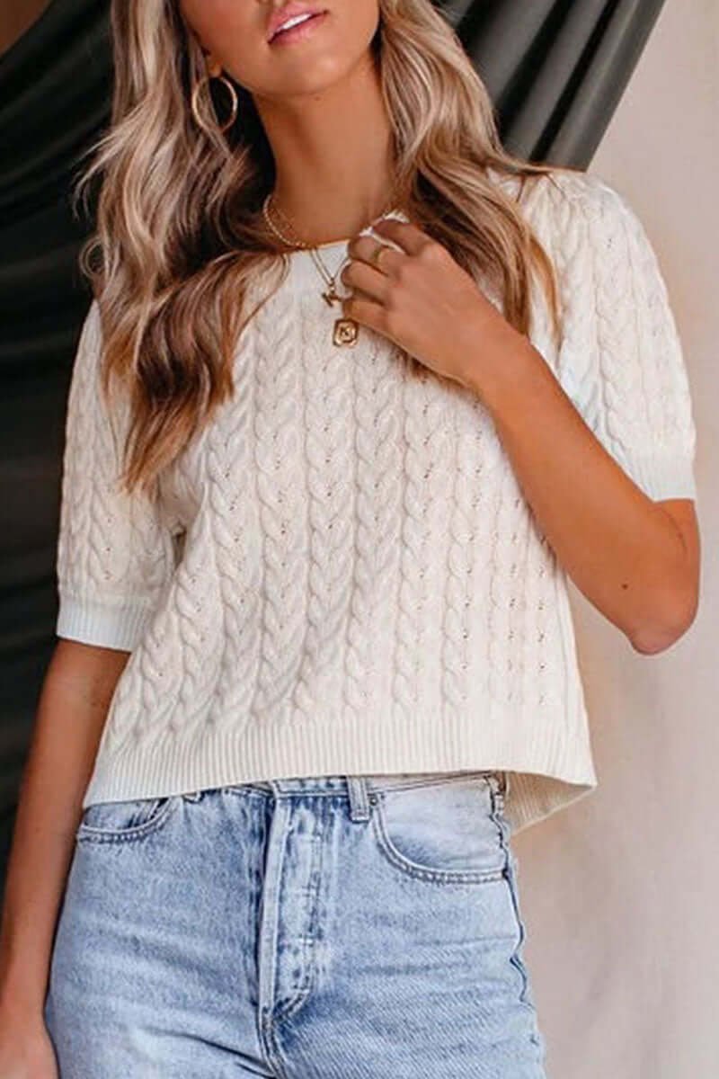 Women's Open-Back Tie-Waist Cable-Knit Vintage Blouse Top