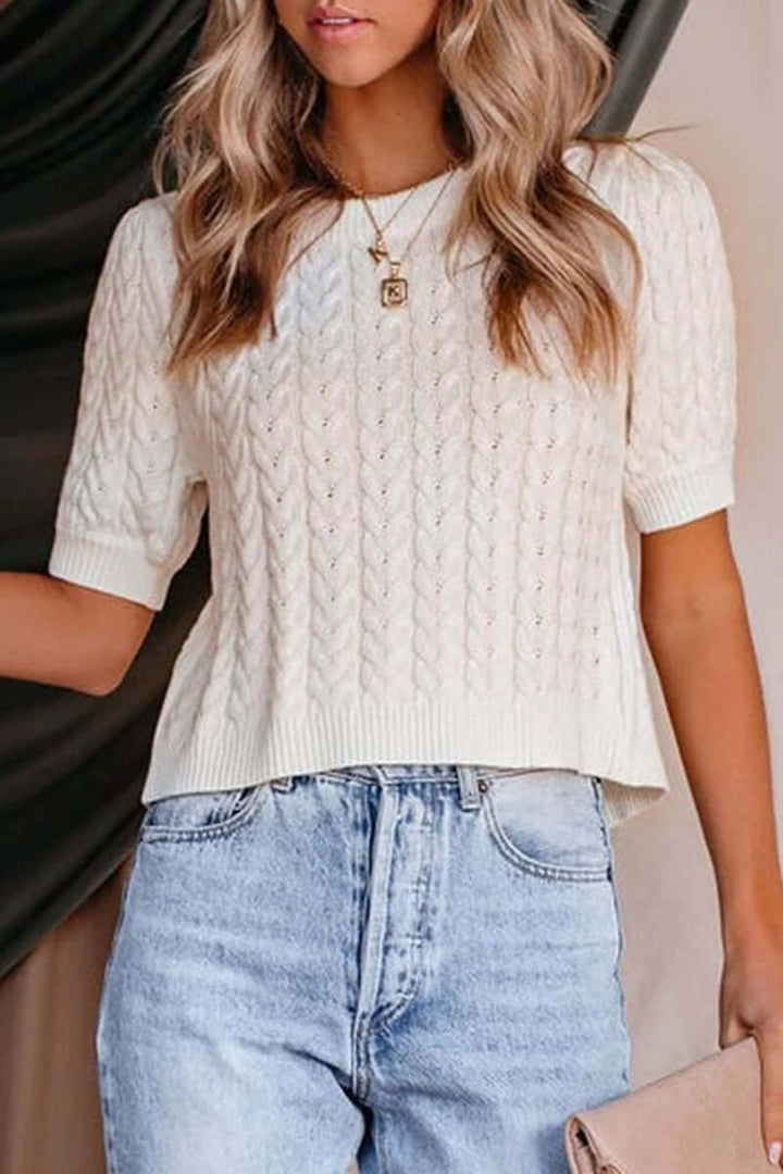 Women's Open-Back Tie-Waist Cable-Knit Vintage Blouse Top