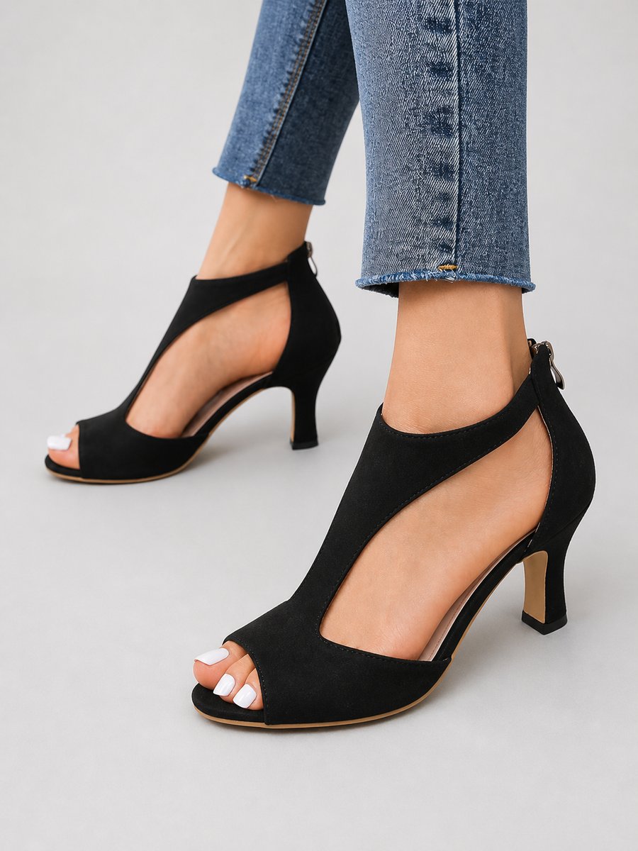 Women's Open-Toe Block-Heel Ankle Boots Suede-Look Heeled Sandal