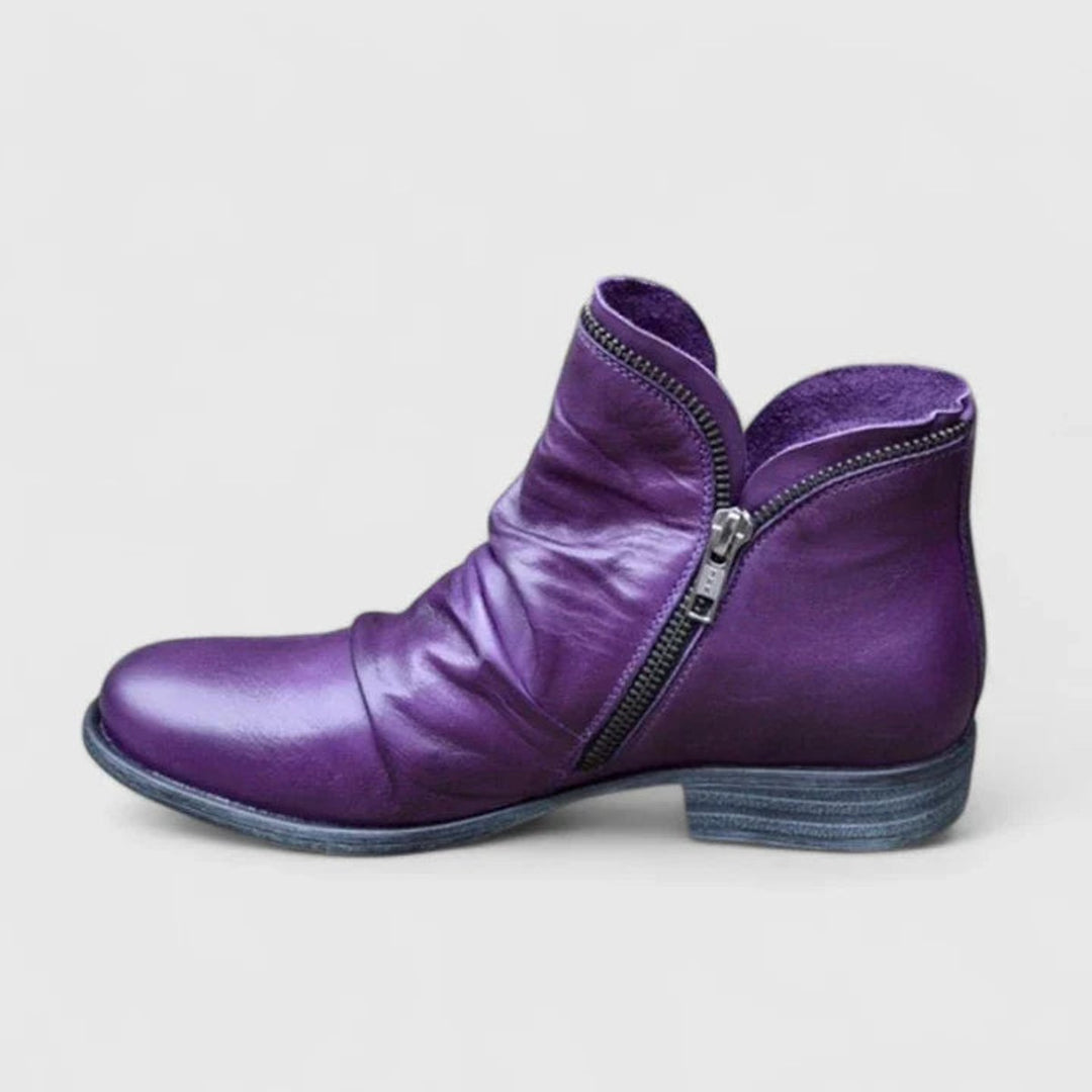 Women's Orthopedic Ruched Leather Ankle Boots Block Heel Zip - Purple