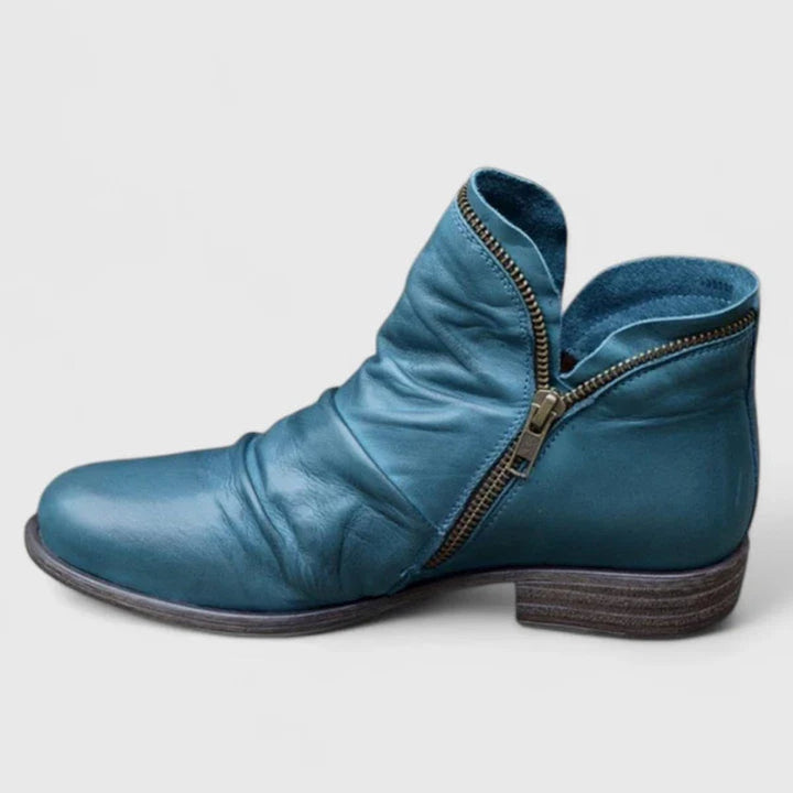 Women's Orthopedic Ruched Leather Ankle Boots Block Heel Zip - Blue