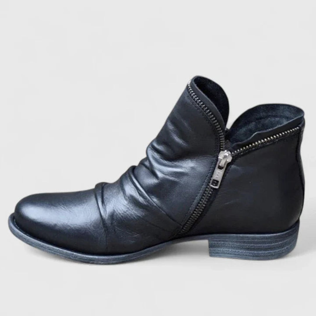 Women's Orthopedic Ruched Leather Ankle Boots Block Heel Zip - Black