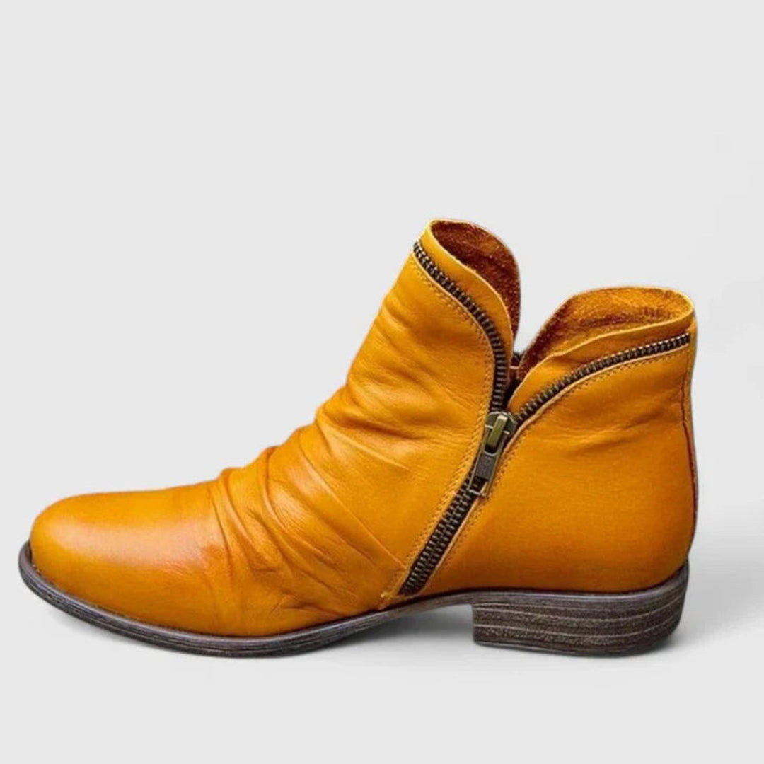 Women's Orthopedic Ruched Leather Ankle Boots Block Heel Zip - Yellow