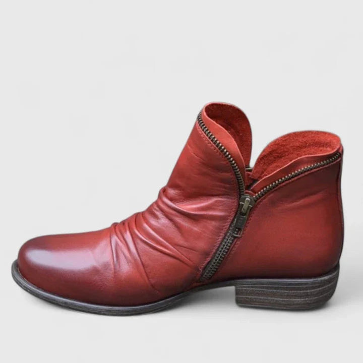 Women's Orthopedic Ruched Leather Ankle Boots Block Heel Zip - Red