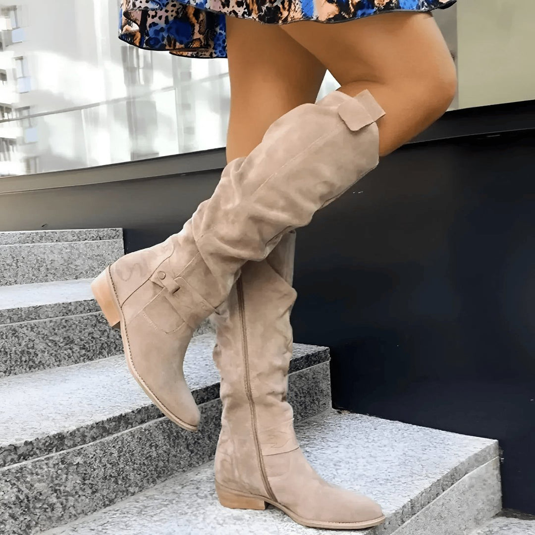 Women's Over-the-Knee Slouch Faux-Suede Flat Knee-High Boots - Beige