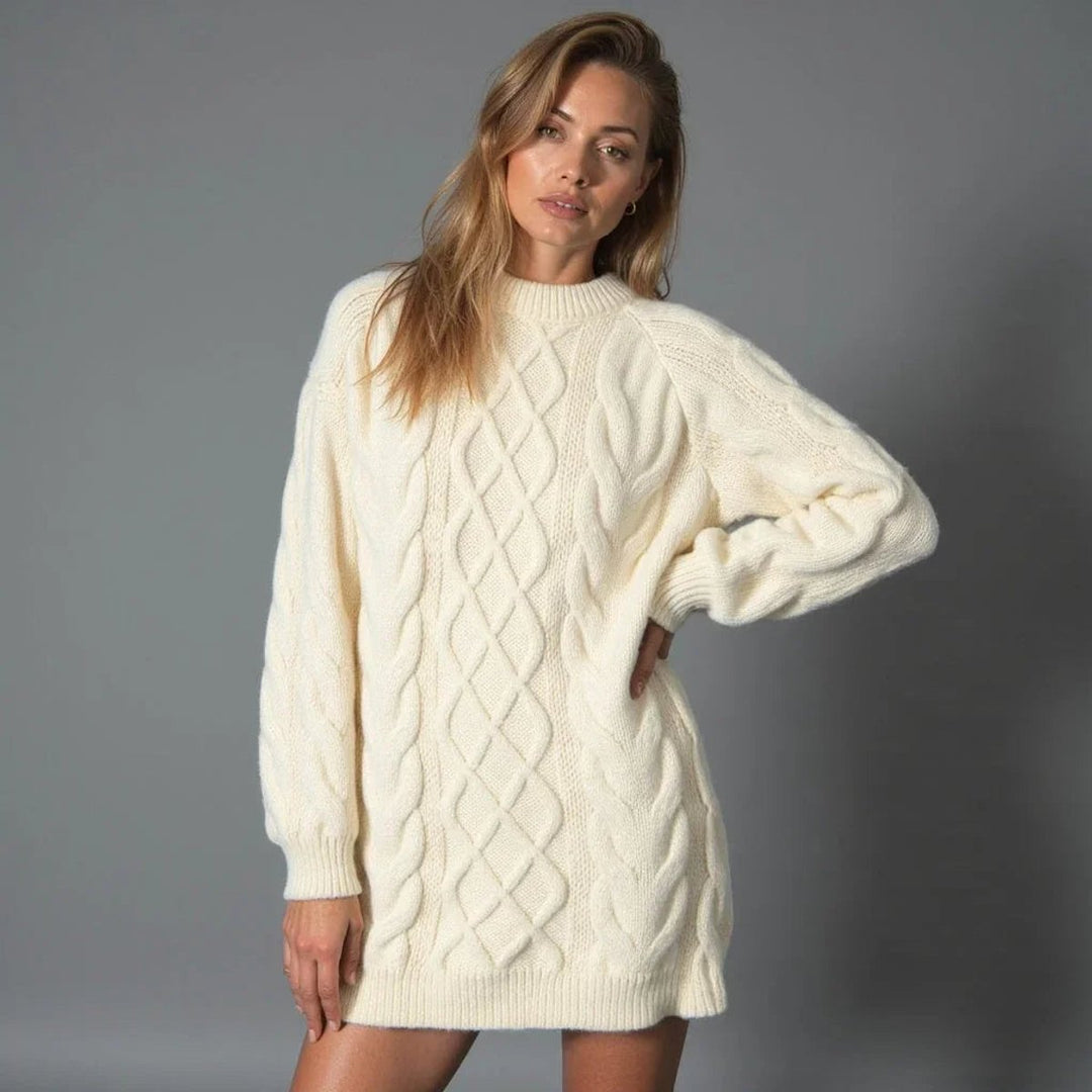 Women's Oversized Cable Knit Jumper Dress Crew Neck
