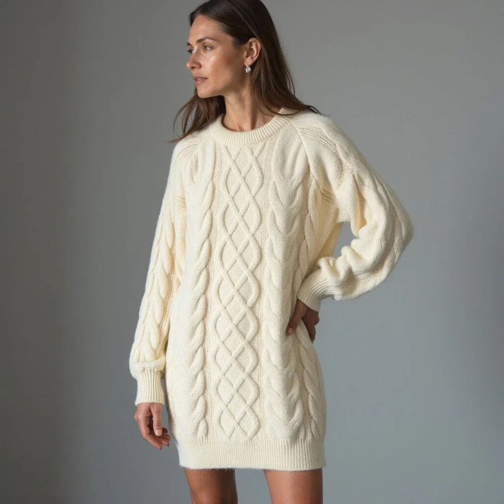 Women's Oversized Cable Knit Jumper Dress Crew Neck