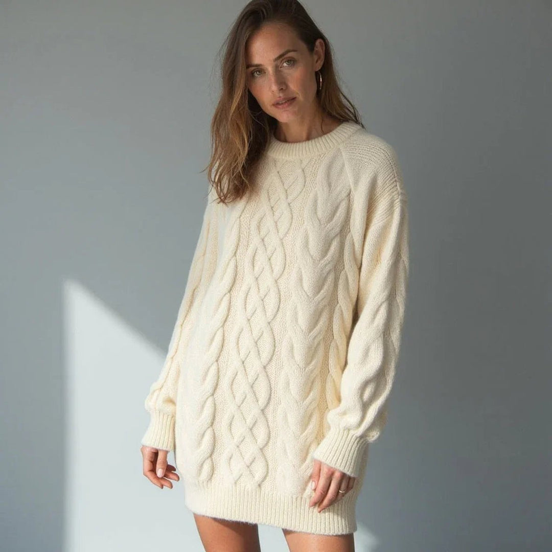 Women's Oversized Cable Knit Jumper Dress Crew Neck