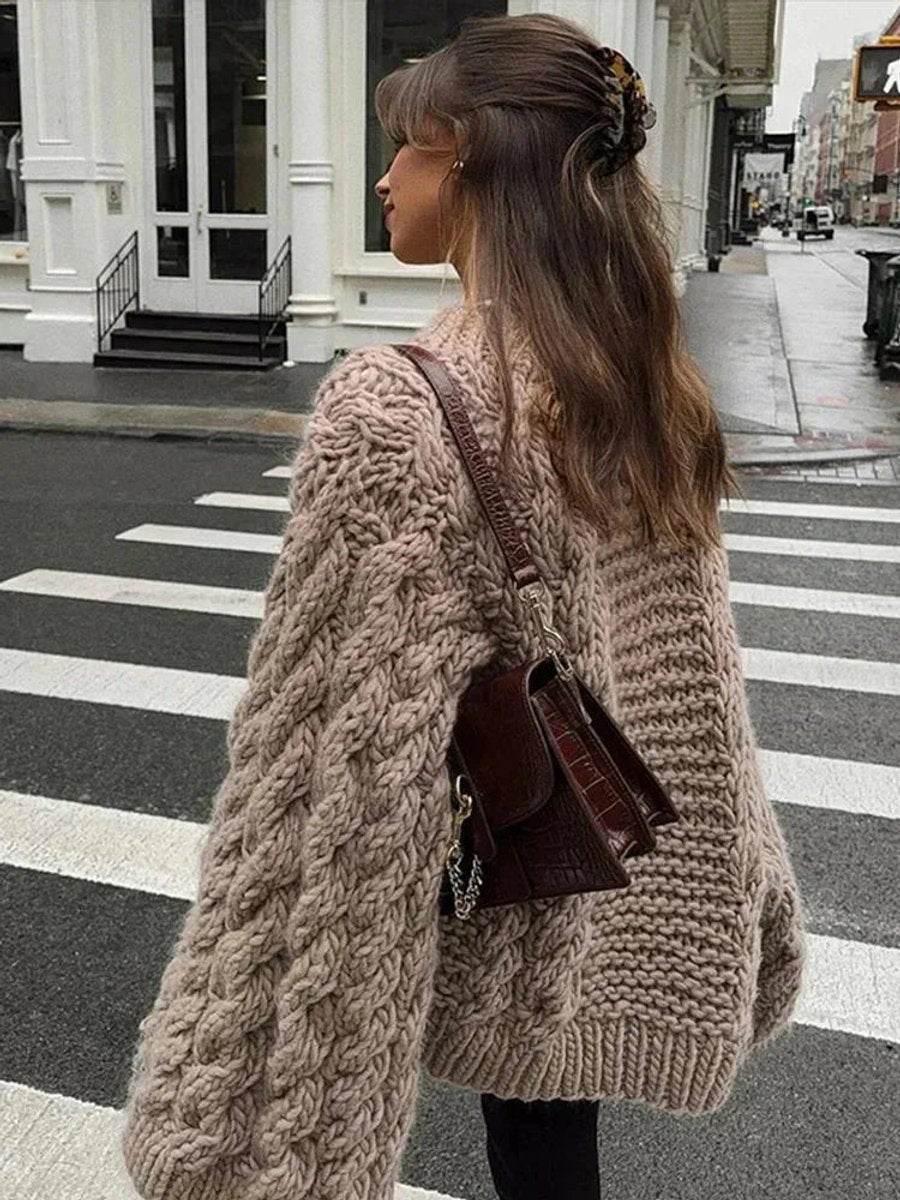 Women's Oversized Cable Knitted Jumper Chunky Wide Sleeve Cocoon Top