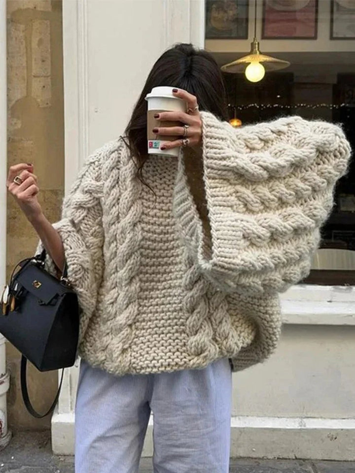 Women's Oversized Cable Knitted Jumper Chunky Wide Sleeve Cocoon Top