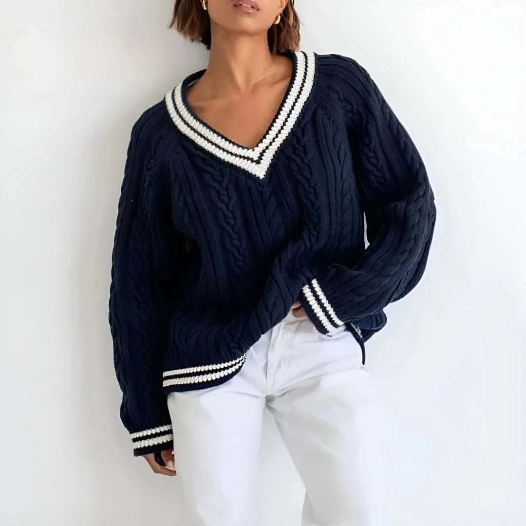 Women's Oversized Cable Knitted Jumper V-Neck Varsity Stripe