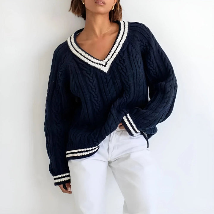 Women's Oversized Cable Knitted Jumper V-Neck Varsity Stripe