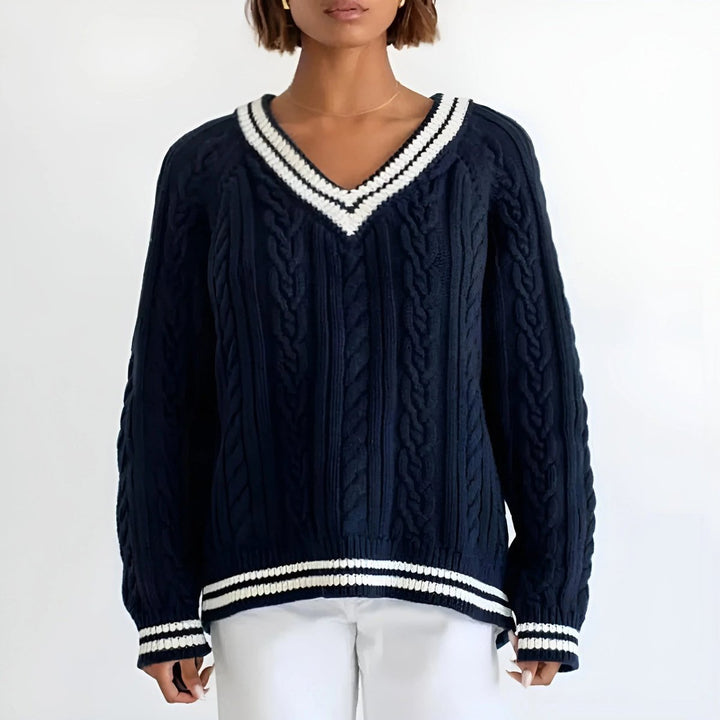 Women's Oversized Cable Knitted Jumper V-Neck Varsity Stripe
