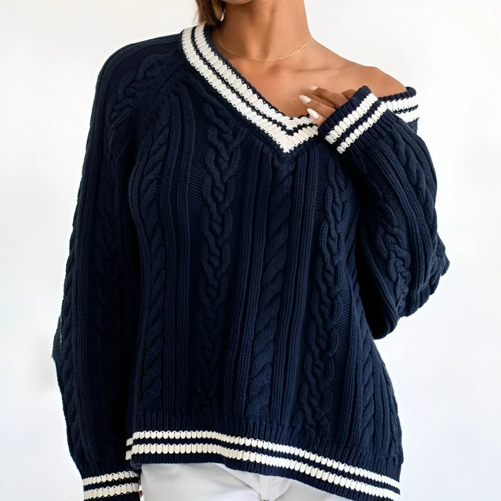 Women's Oversized Cable Knitted Jumper V-Neck Varsity Stripe