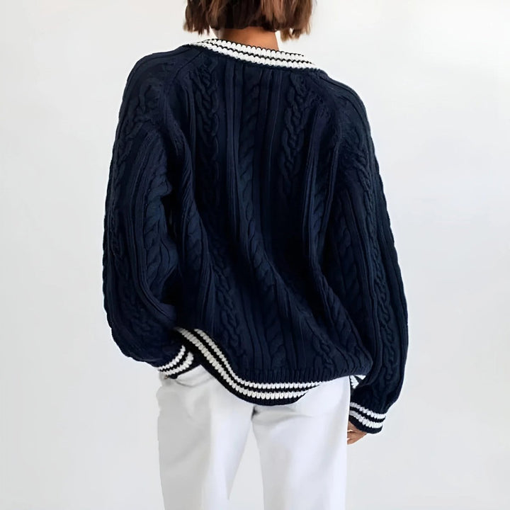 Women's Oversized Cable Knitted Jumper V-Neck Varsity Stripe