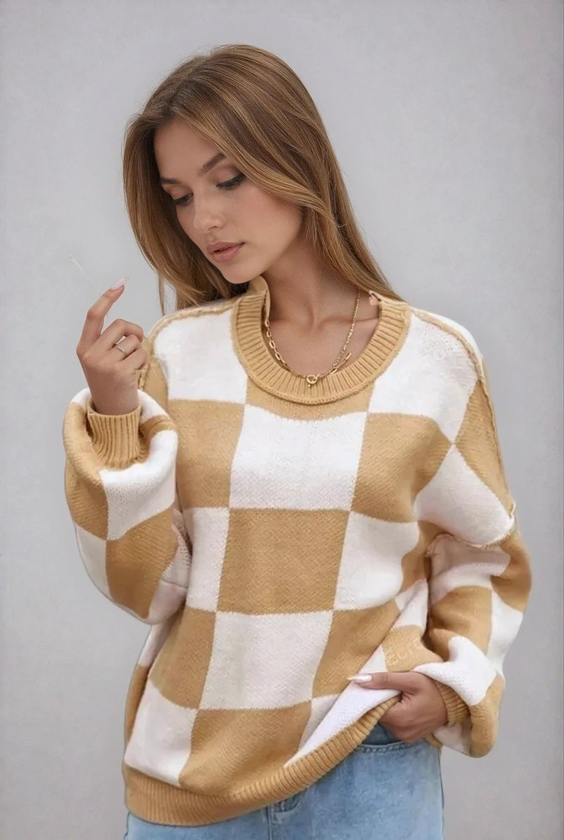 Women's Oversized Checked Knitted Jumper Soft Cosy Knitwear