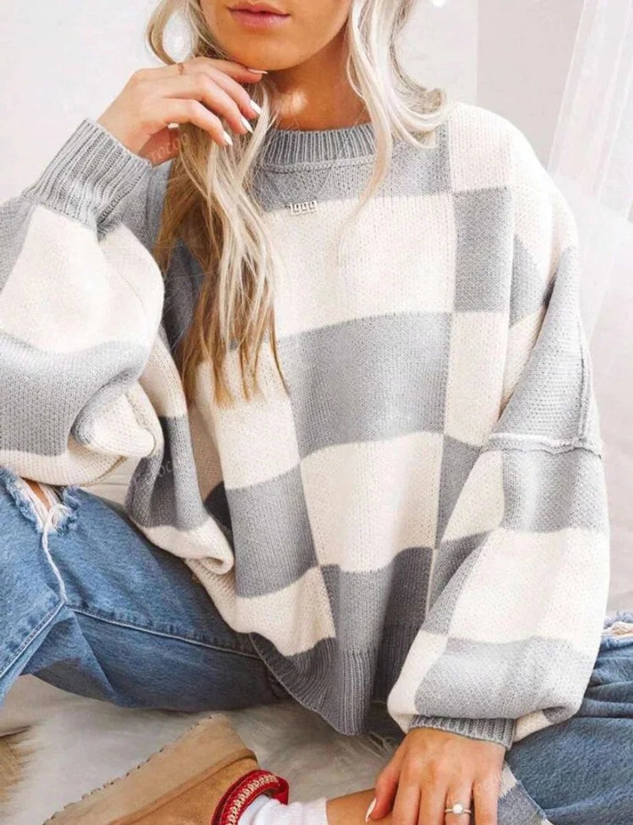 Women's Oversized Checked Knitted Jumper Soft Cosy Knitwear