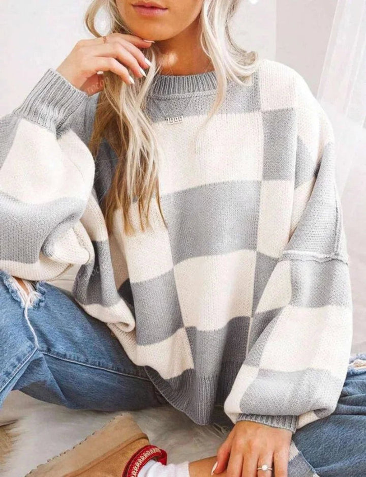 Women's Oversized Checked Knitted Jumper Soft Cosy Knitwear